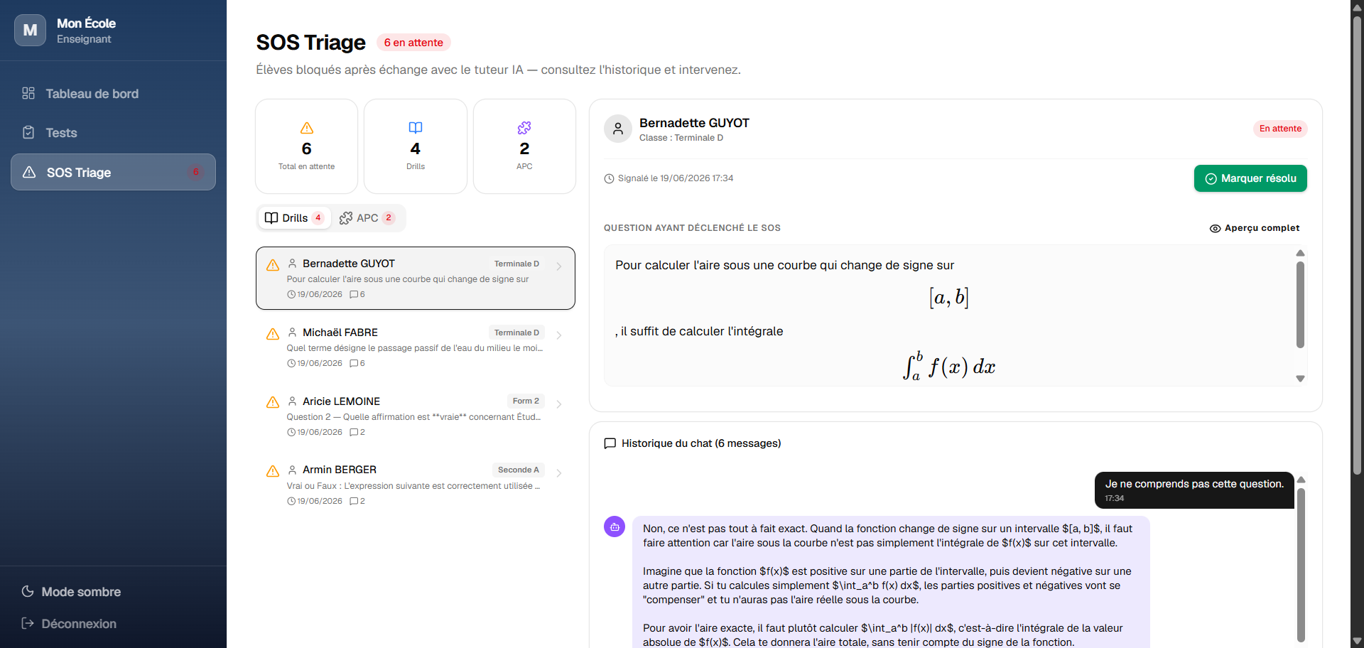 Tableau de bord Enseignant - SOS Triage