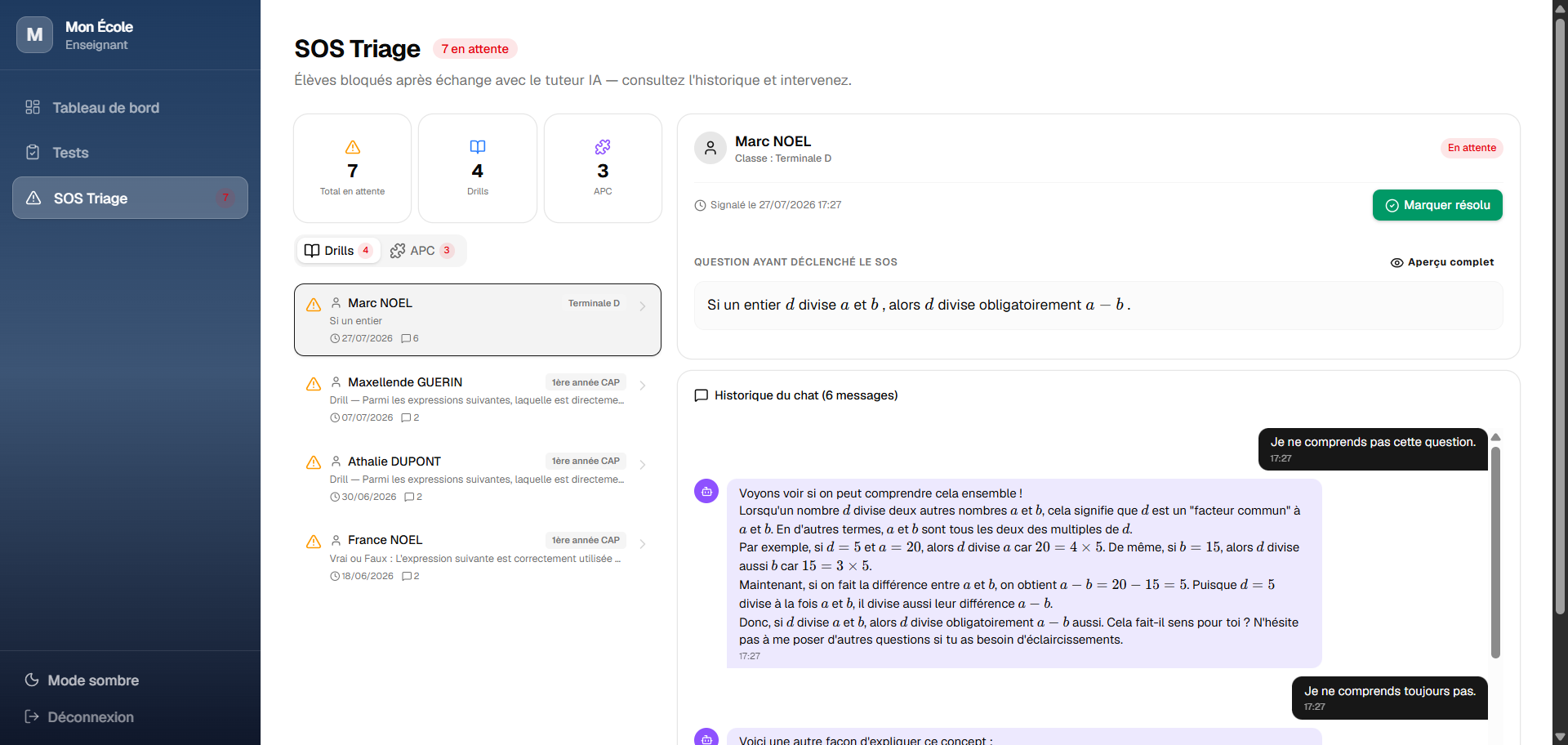 Tableau de bord Enseignant - SOS Triage